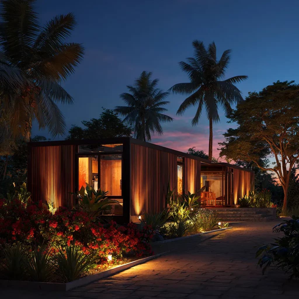 Asebu prefab module — exterior dusk render
