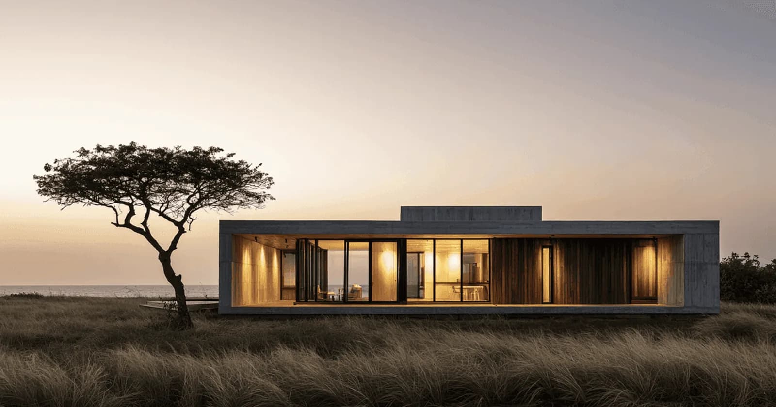 Asebu prefab module — exterior dusk render